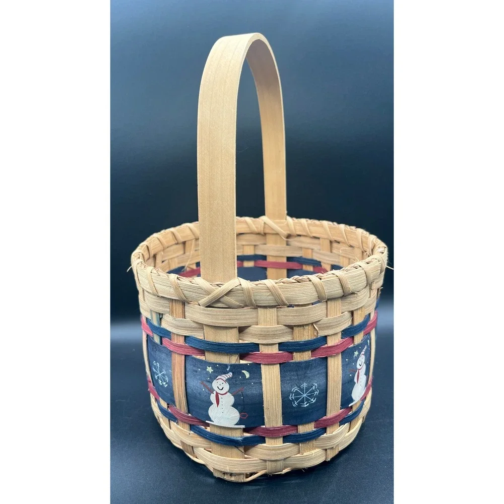 Hand Woven Round Splint Basket Snowman Snowflake Winter Holiday Handle 12x8